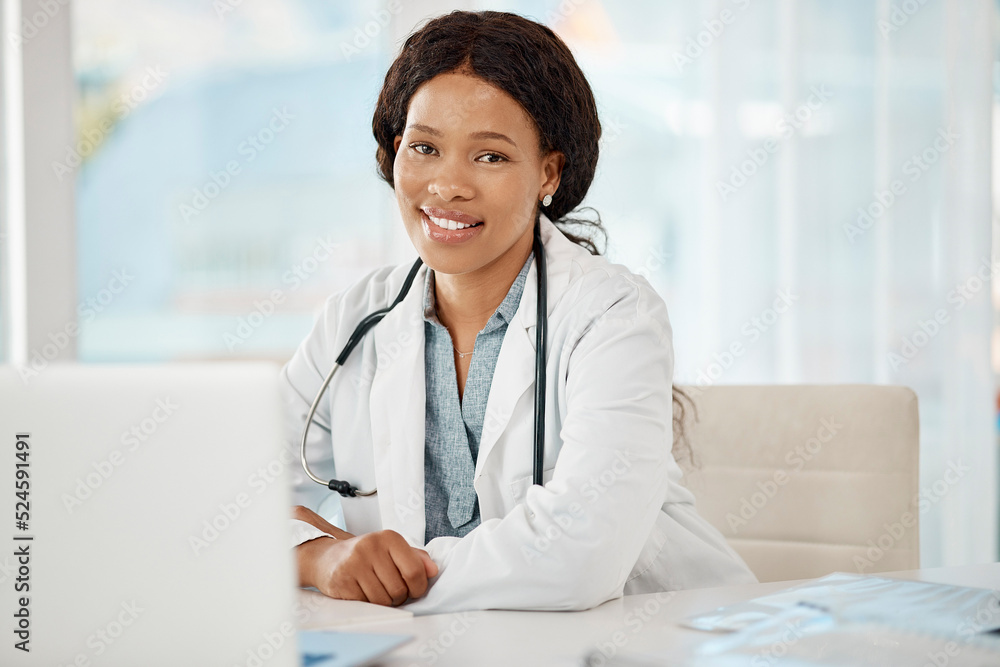 African medical doctor working at a hospital, planning on a laptop and sitting at a desk in an office. Portrait of a black female professional, expert and happy healthcare worker smiling at a clinic African medical doctor working at a hospital, planning on a laptop and sitting at a desk in an office. Portrait of a black female professional, expert and happy healthcare worker smiling at a clinic