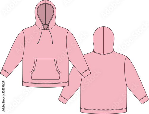 Hoodie template in pastel pink color. Apparel hoody technical sketch mockup.