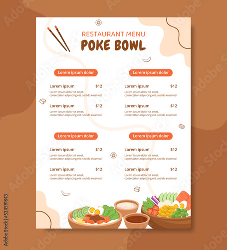 Poke Bowl Food Menu Template Hand Drawn Cartoon Flat Illustration