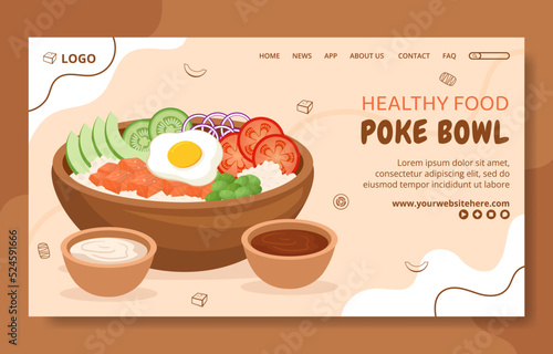 Poke Bowl Food Social Media Landing Page Template Hand Drawn Cartoon Flat Illustration
