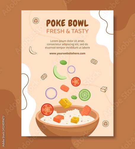 Poke Bowl Food Poster Template Hand Drawn Cartoon Flat Illustration