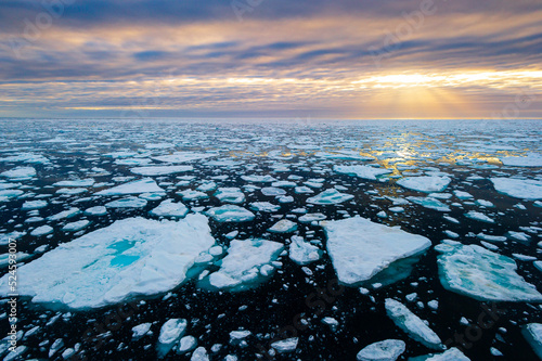 Sunset over an ice pack in the Arctic Circle, Nordaustlandet, Svalbard, Norway