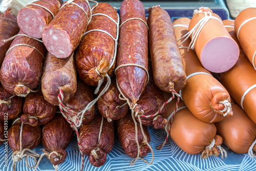 Artisan smoked and boiled sausage is sold at the grocery market. Meat food products