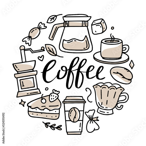 A set of elements for a coffee shop To use for posters banners postcards and packaging design Vector illustration in the style of hand drawn