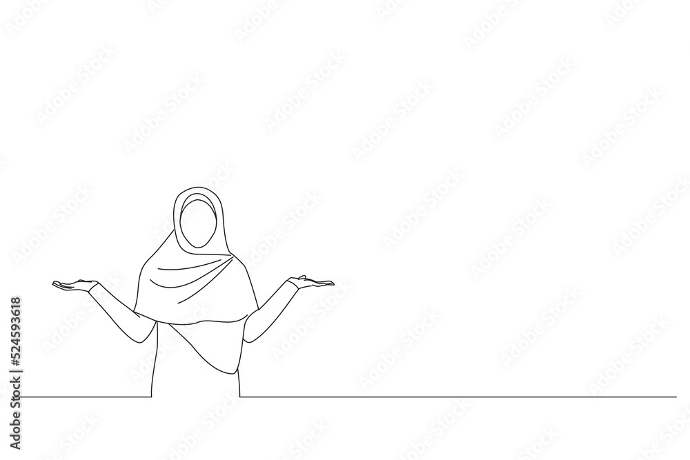 Illustration of joyful muslim woman in headscarf holding something on her empty palms, demonstrating or comparing options, spreading hands. One line art
