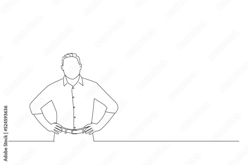 Cartoon of handsome businessman looking satisfied, smiling and holding hands on waist. One line art Cartoon of handsome businessman looking satisfied, smiling and holding hands on waist. One line art