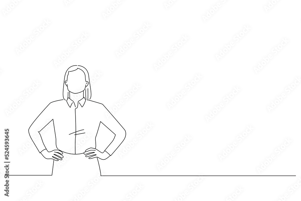 Drawing of young woman standing with hands on waist. Outline drawing style art Drawing of young woman standing with hands on waist. Outline drawing style art