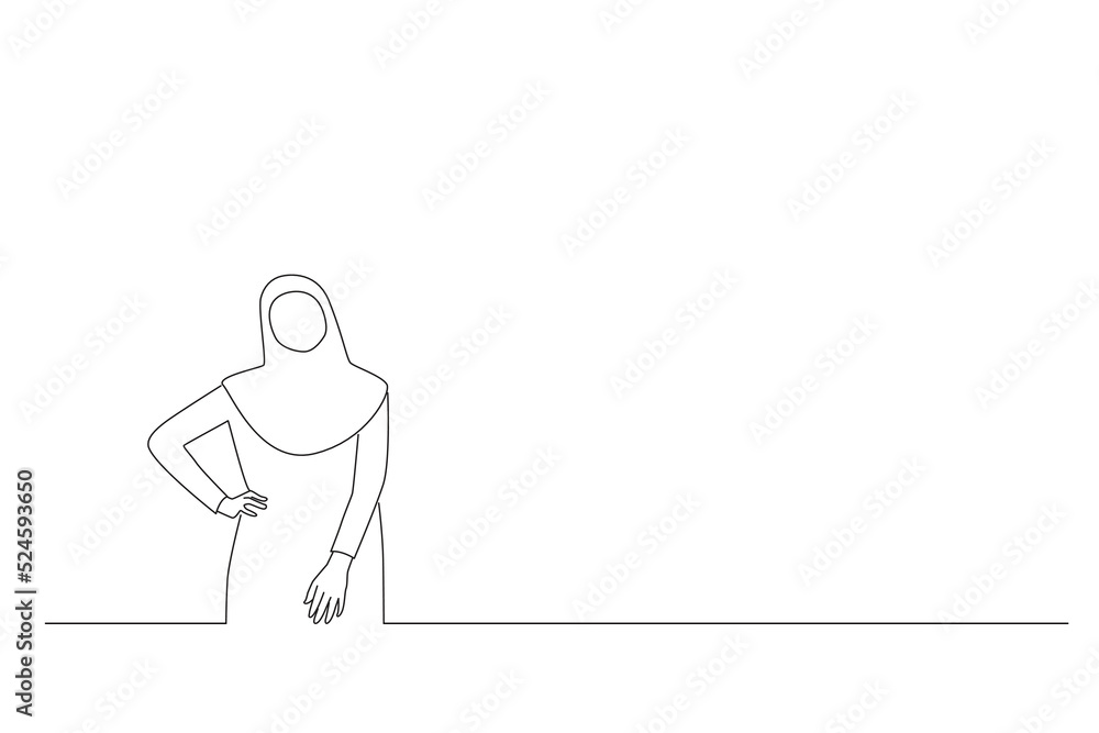 Cartoon of young muslim woman standing with hands on waist confident and stylish. Oneline art drawing style Cartoon of young muslim woman standing with hands on waist confident and stylish. Oneline art drawing style
