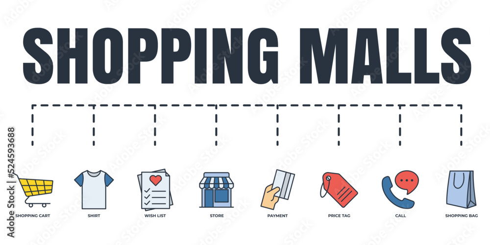 Shopping malls banner web icon set. store, price tag, shopping cart, wish list, call, shopping bag, shirt, payment vector illustration concept. Shopping malls banner web icon set. store, price tag, shopping cart, wish list, call, shopping bag, shirt, payment vector illustration concept.