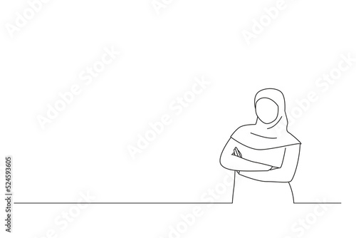 Cartoon of smiling cute young arabian muslim woman in hijab holding hands crossed. One line art