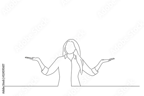 Cartoon of happy smiling woman gesturing with hands and showing balance. Oneline art drawing style