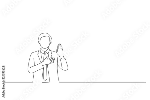 Drawing of good looking asian young man making promise, pledge or give oath, raise one hand and put palm on hear as being honest and sincere. Line art style