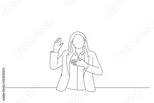 Illustration of young woman wearing business style with hand on chest and open palm, making a loyalty promise oath. Outline drawing style art