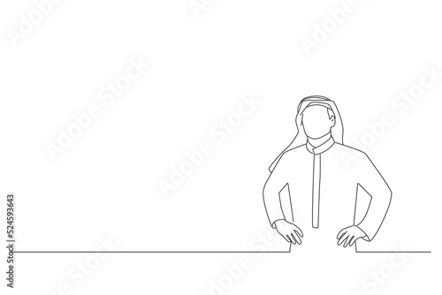 Illustration of confident khaleeji man smiling standing hands on waist wearing shemagh and thobe. Line art style