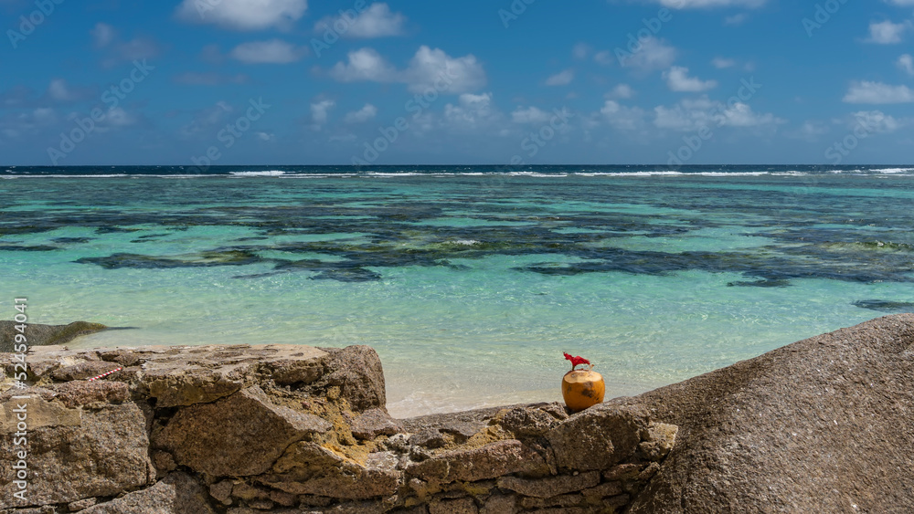 Obraz premium On a granite boulder there is a yellow coconut decorated with a red tropical flower. Ahead - turquoise ocean, blue sky with clouds. Seychelles. La Digue Island