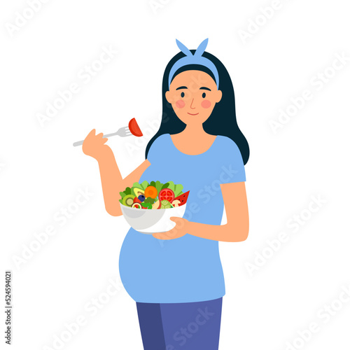 Pregnant woman eating healthy food in flat design on white background.