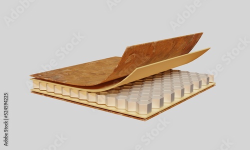 Marble coated aluminum honeycomb panel in tan onyx with white granite flecks. Layers of gluing of an integral product. 3d rendering.