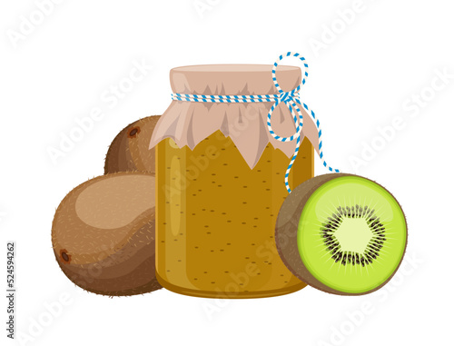 Kiwi jam or confiture jar in rustic style, homemade fruit berry preserve, vector illustration on white background