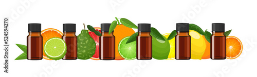 Citrus essential oil in brown glass bottles, herbal alternative medicine treatment product, vector Illustration on white background, banner