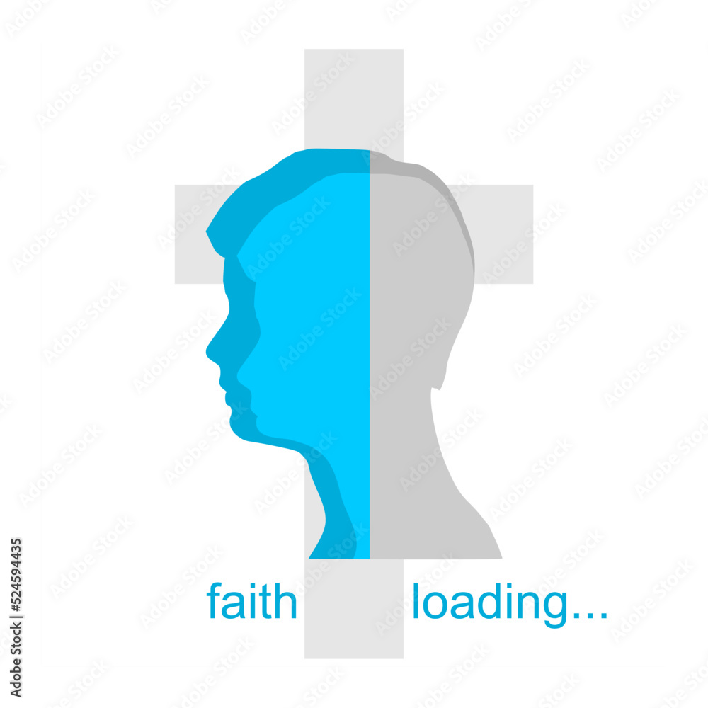 Progress bar or loading bar with christianity religion relative tags cloud. Faith word and silhouette of man