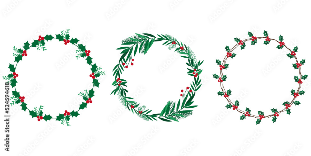 Set of Christmas green and red wreath. Christmas decoration frame collection. Green leaves and winter berries decoration round frame for Holiday decoration. Vector illustration. Set of Christmas green and red wreath. Christmas decoration frame collection. Green leaves and winter berries decoration round frame for Holiday decoration. Vector illustration.