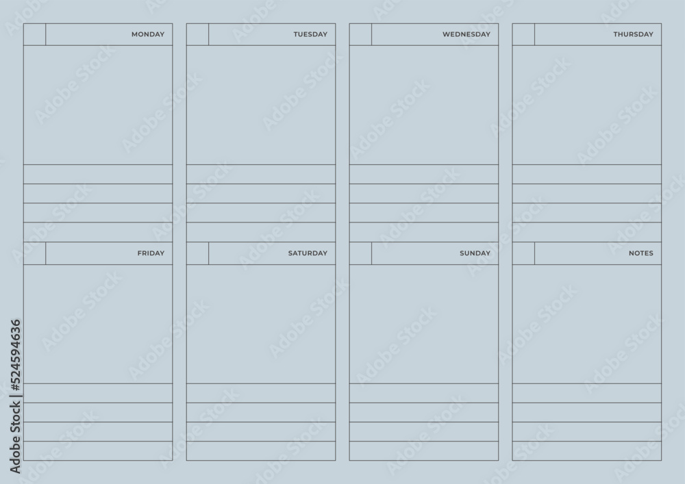 A weekly plan design template in a modern, simple, and minimalist style. Note, scheduler, diary, calendar, planner document template illustration. A weekly plan design template in a modern, simple, and minimalist style. Note, scheduler, diary, calendar, planner document template illustration.
