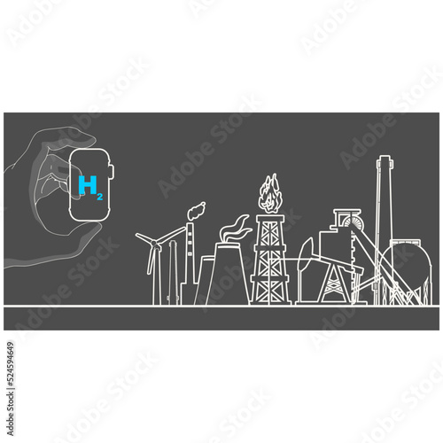Concept of green hydrogen energy. Hand holding tank with hydrogen. Energy generation and heavy industry. Thin lines style