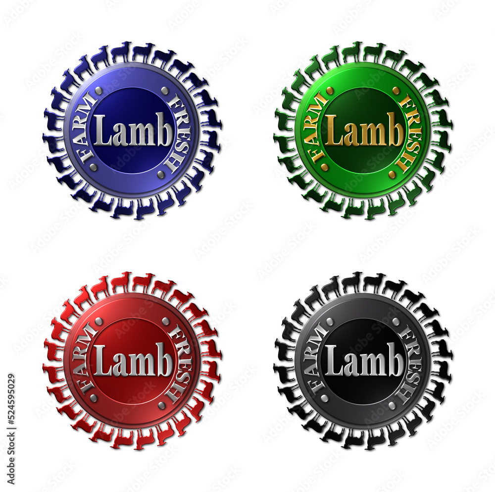 A set of 4 - 3D rendered illustrations of metallic textured seals for Farm Fresh sheep of Lamb products, isolated on a white background A set of 4 - 3D rendered illustrations of metallic textured seals for Farm Fresh sheep of Lamb products, isolated on a white background