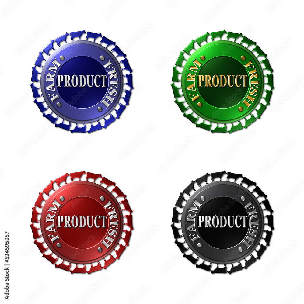 AQ set of 4 - 3D rendered illustration of metallic textured seals for Farm Fresh beef or dairy products. isolated on a white background AQ set of 4 - 3D rendered illustration of metallic textured seals for Farm Fresh beef or dairy products. isolated on a white background