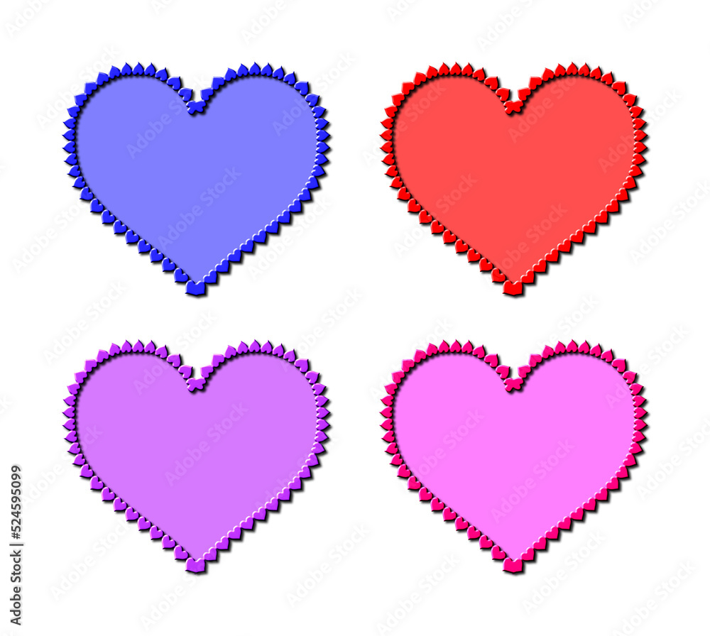 A set of 4 - 3D rendered illustrations of different coloured hearts with small hearts around the outside, isolated on a white background.