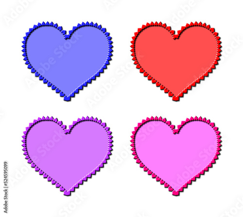 A set of 4 - 3D rendered illustrations of different coloured hearts with small hearts around the outside  isolated on a white background.