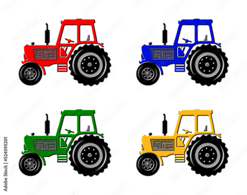 A set of 4 - 3D rendered illustrations of a farm tractor in different colours, isolated on a white background.