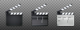 3d realistic vector icon. Open movie clapper board in black and white. On transparent background.