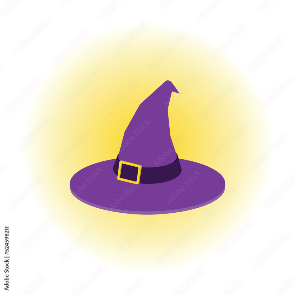 Fototapeta premium Color illustration witch hat, moon on white background. Vector illustration. Design element for poster, banner, sticker, icon, symbol. Symbols of the holiday Halloween.