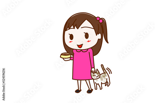 （全身斜め）飼い猫が餌をもらいに甘えてきて嬉しくて笑顔になる少女