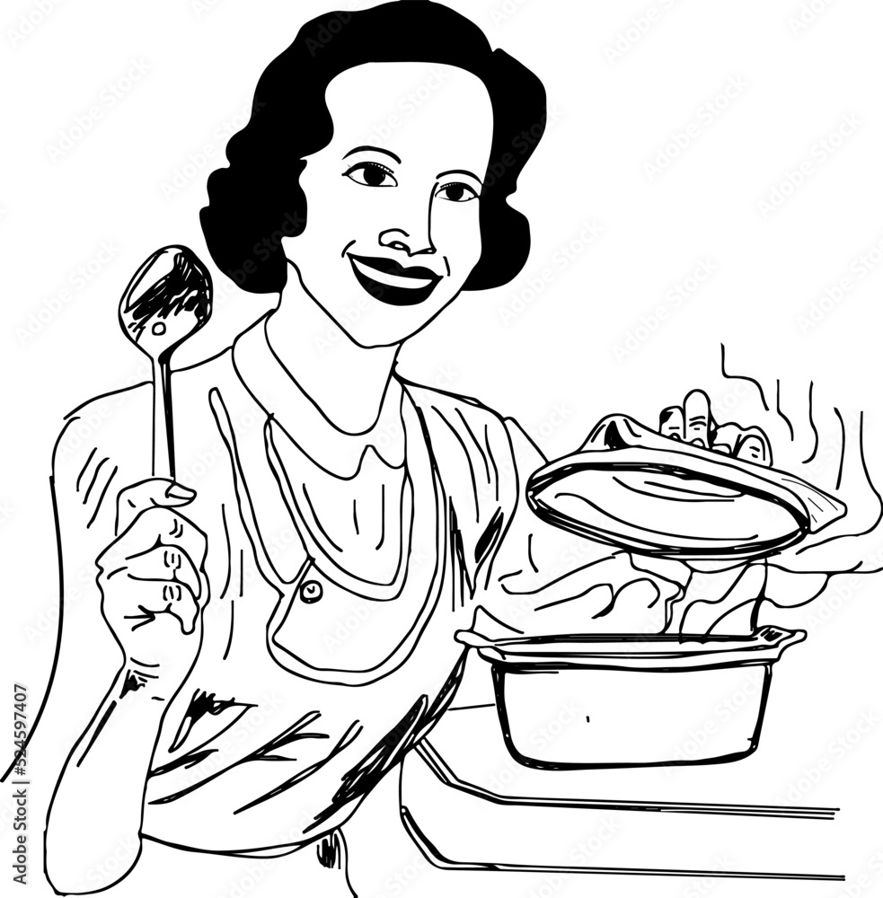 Smiling girl preparing food cartoon drawing, woman in kitchen line art ...