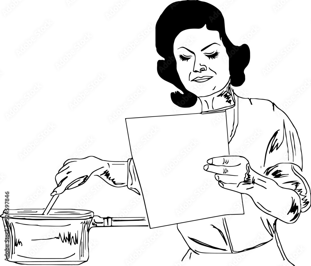 Woman making food and reading recipe sketch drawing, cooking woman