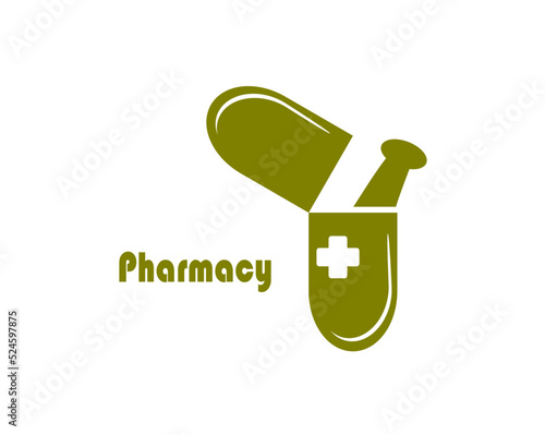 vector design of open up of capsule with pestle pharmacy olive green color against a white background with a white cross, a sign of health care service.