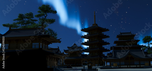Japanese Temples and Buildings with the Aurora (ID: 524599050)