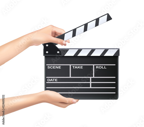3d realistic vector icon. Movie clapper board opened with hands.