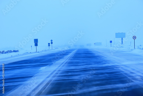 winter highway snowfall background fog poor visibility