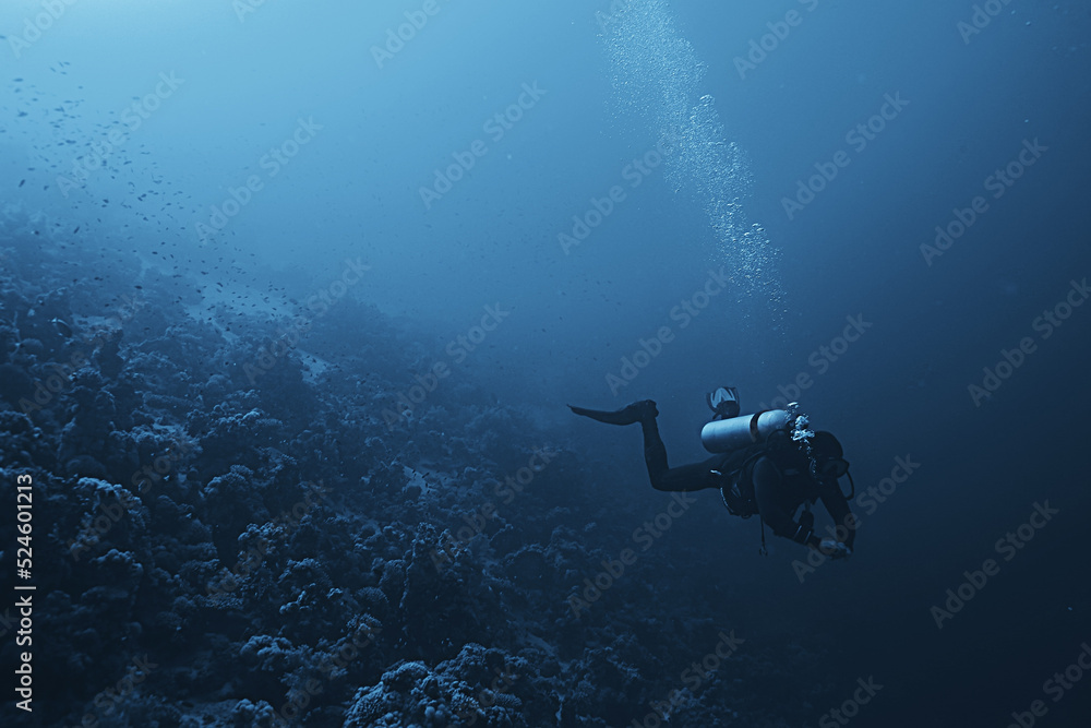 divers underwater at depth in the blue sea background divers underwater at depth in the blue sea background
