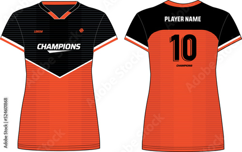 Women Sports Jersey t-shirt flat sketch design illustration with abstract Stripe pattern suitable for girls and Ladies for Volleyball jersey, Football, Soccer and netball, Sport uniform kit for sports