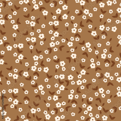 Simple vintage pattern. small white flowers, dark brown leaves. brown background. Fashionable print for textiles and wallpaper.