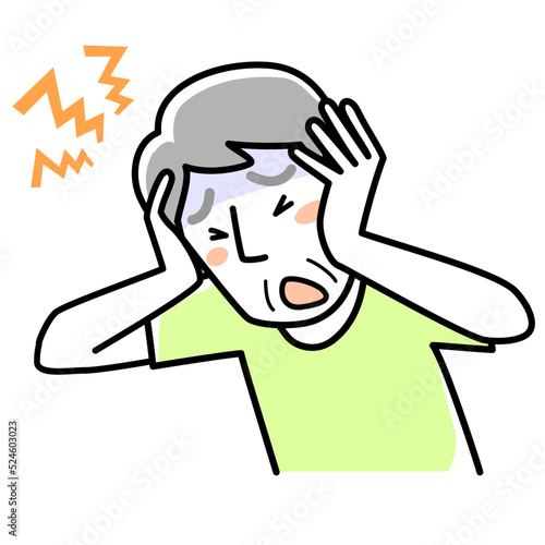 頭痛で困るシニア男性の上半身