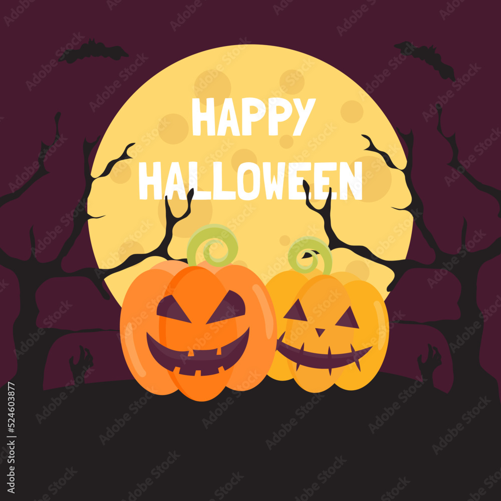 Happy halloween greeting card. Halloween full moon night with pumpkin background. Vector illustration.