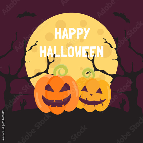 Happy halloween greeting card. Halloween full moon night with pumpkin background. Vector illustration.