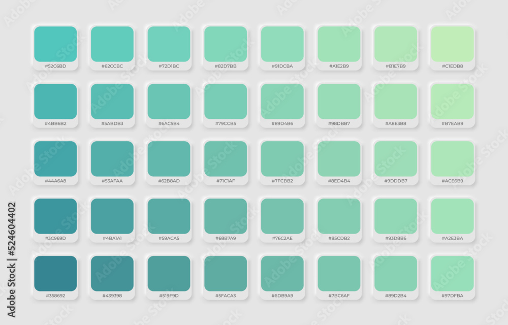 green Colour palette in RGB hex. colour catalogue. Neuromorphic style ...