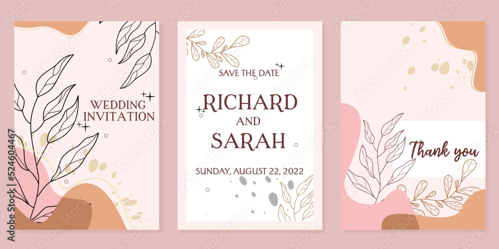 aesthetic boho themed wedding invitation design set. pink background with hand drawn leaf elements