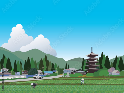 五重塔のある田舎の農村風景